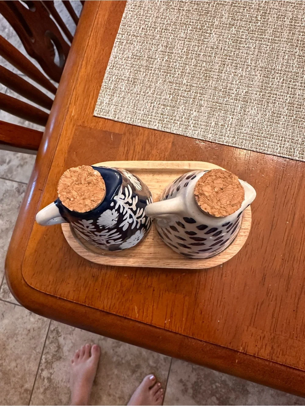Mud Pie Blue and White Ceramic Salt and Pepper Shakers on Wood Tray